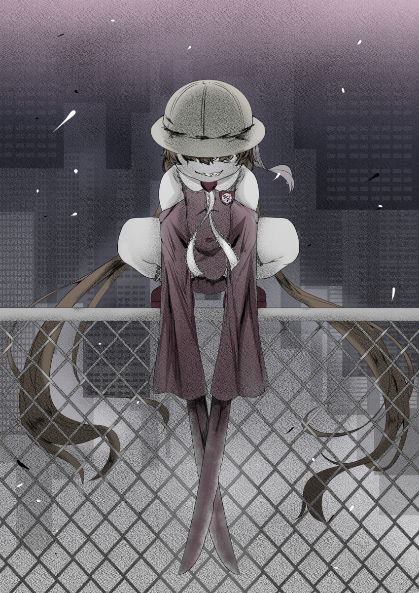 1girl asymmetrical_legwear bare_shoulders brooch chain-link_fence clenched_teeth commentary_request covered_navel detached_sleeves fence film_grain full_body hat heart heart_brooch highres jewelry light_brown_hair long_hair long_sleeves looking_at_viewer ne_an_ito on_fence open_mouth pink_sleeves single_thighhigh sleeves_past_fingers sleeves_past_wrists solo squatting teeth thick_thighs thighhighs thighs tsukuyomi_ai twintails very_long_hair voiceroid