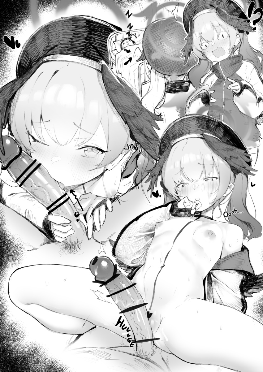 !? &lt;|&gt;_&lt;|&gt; 1boy 1girl arona's_sensei_doodle_(blue_archive) arrow_(symbol) bar_censor beret blue_archive blush breasts censored commentary cowgirl_position english_commentary erection erection_under_blanket fellatio girl_on_top greyscale hat head_wings heart hetero highres imminent_penetration jacket koharu_(blue_archive) licking licking_penis male_pubic_hair monochrome multiple_views nipples official_alternate_costume one_eye_closed open_clothes open_jacket oral penis penis_grab pubic_hair revision sensei_(blue_archive) sleep_molestation small_breasts straddling teriibol tongue tongue_out track_jacket wings zzz