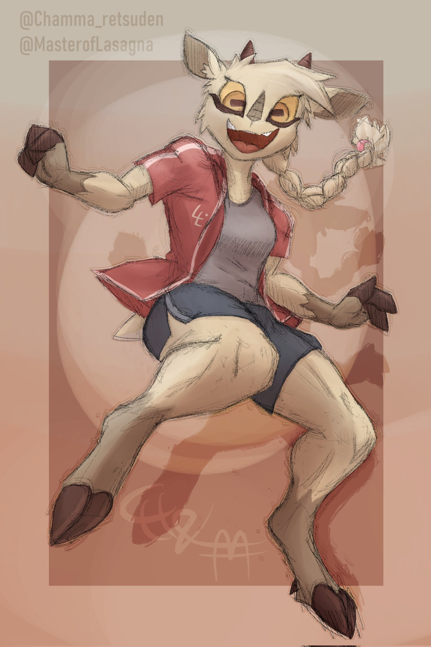 animal_humanoid anthro bovid bovid_humanoid caprine caprine_humanoid casual_clothing chamma_retsuden clothing fan_character female goat goat_humanoid happy hi_res humanoid mammal mammal_humanoid masteroflasagna solo