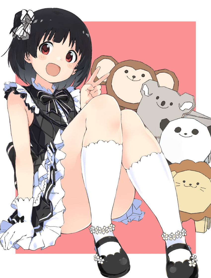 1girl arm_support black_dress black_hair blush brown_eyes dress frilled_dress frills gloves grid_background hair_ribbon highres hugging_own_legs idolmaster idolmaster_million_live! idolmaster_million_live!_theater_days knees_together_feet_apart koala lion looking_at_viewer mary_janes monkey nakatani_iku one_side_up open_mouth panda papercraft rauto red_background ribbon shoes short_hair short_sleeves smile socks solo unconventional_media v white_gloves white_ribbon white_socks