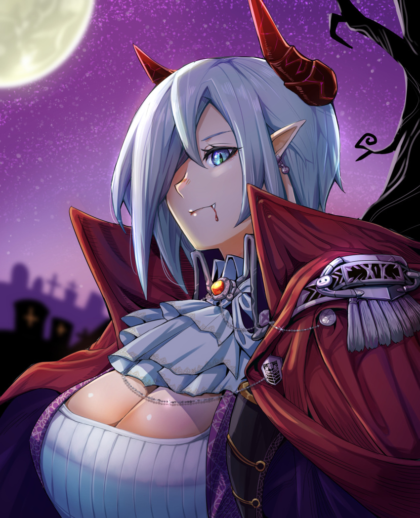 1girl ascot bare_tree blood blood_on_face blue_eyes breasts cape cleavage commentary commentary_request earrings english_text fang full_moon girls'_frontline graveyard grey_hair griffin_&amp;_kryuger hair_over_one_eye high_collar highres horns huge_breasts ichi_illust001 jewelry looking_at_viewer mg5_(girls'_frontline) moon night outdoors pointy_ears red_cape revision shirt sky smile solo star_(sky) starry_sky tree upper_body white_ascot white_shirt