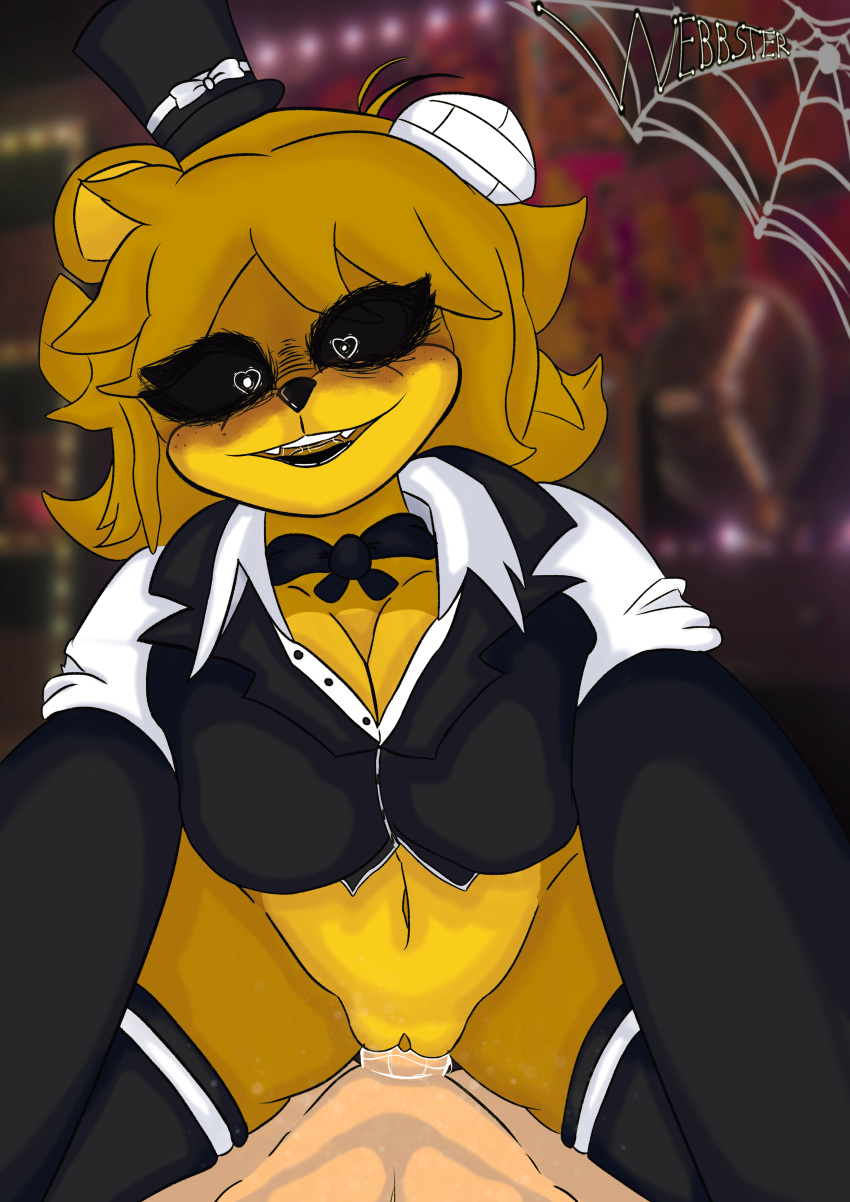 &lt;3 &lt;3_eyes absurd_res anthro armwear bear big_breasts blonde_hair bodily_fluids breasts cleavage clothed clothing cryptiacurves duo elbow_gloves female five_nights_at_freddy's ghost gloves golden_freddy_(fnaf) golden_fredina_(cally3d) hair handwear hi_res human humanoid humanoid_genitalia legwear lipstick looking_at_viewer makeup male male/female mammal patreon scottgames spirit stare suit thigh_highs webbster wide_hips