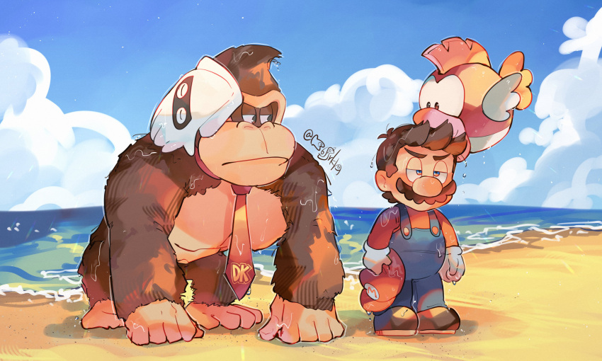 2boys absurdres artist_name beach blooper_(mario) blue_eyes blue_overalls blue_pants blue_sky blush brown_eyes brown_footwear brown_hair buttons cheep_cheep closed_mouth cloud commentary day donkey_kong facial_hair gloves hanaon hat hat_removed headwear_removed highres holding holding_clothes holding_hat horizon long_sleeves looking_at_another male_focus mario mario_(series) multiple_boys mustache necktie ocean outdoors overalls pants red_headwear red_necktie red_shirt shirt shoes short_hair sideways_glance signature sky standing symbol-only_commentary twitter_username unamused v-shaped_eyebrows water wet wet_clothes wet_hair white_gloves