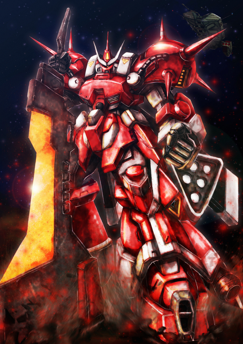 absurdres asteroid clenched_hand commission efreet_custom fusion galbaldy_alpha gundam gundam_msv gundam_sentinel gundam_side_story:_the_blue_destiny highres holding holding_sword holding_weapon mecha missile_pod mobile_suit no_humans one-eyed original pixiv_commission red_eyes robot science_fiction shoulder_spikes space spacecraft spikes standing star_(sky) sunflower_(tomodog422) sword thrusters v-fin weapon