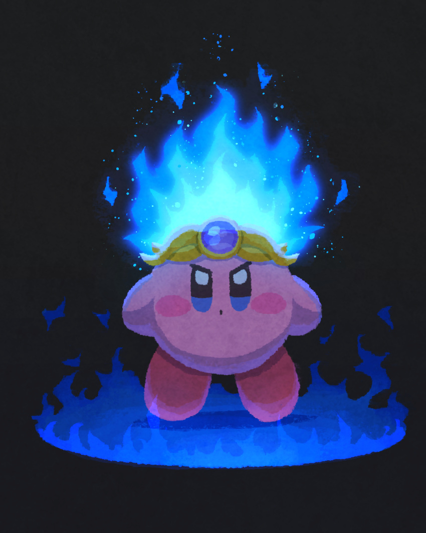 black_background blue_eyes blue_fire blush_stickers closed_mouth copy_ability crown fire highres kirby kirby_(series) looking_at_viewer miclot no_humans pink_footwear shoes simple_background v-shaped_eyebrows