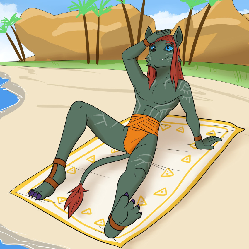 ancient_hero_(the_legend_of_zelda) anthro beach clothed clothing fuze hi_res male nintendo nipples on_towel outside palm_tree plant seaside sitting sitting_on_ground solo tears_of_the_kingdom the_legend_of_zelda topless towel tree underwear underwear_only zonai