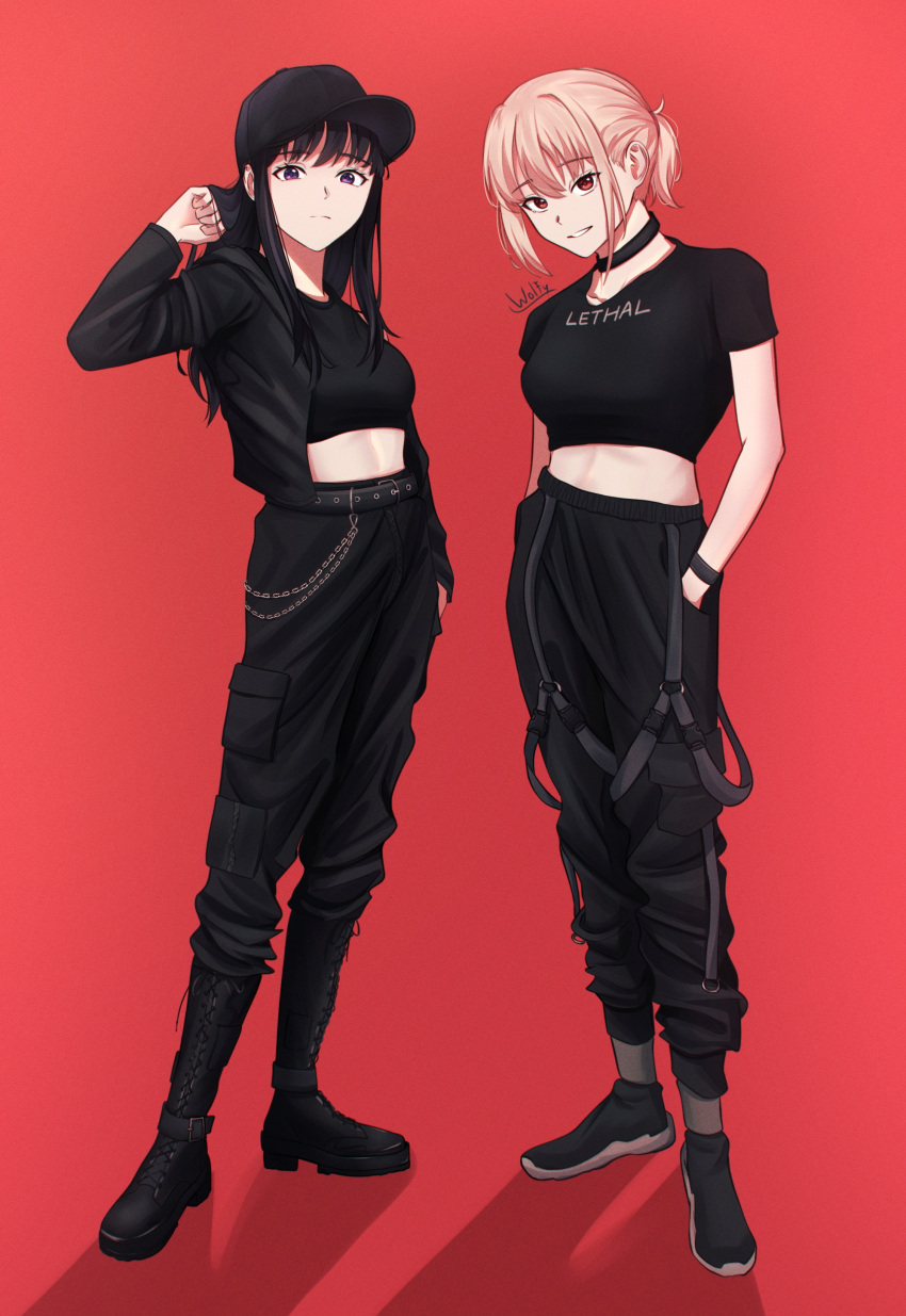 2girls absurdres alternate_costume alternate_hairstyle arm_at_side artist_name baseball_cap belt black_belt black_choker black_footwear black_hair black_headwear black_jacket black_pants black_wristband blonde_hair boots breasts cargo_pants choker chxoswolf closed_mouth clothes_writing combat_boots cropped_shirt cross-laced_footwear english_text expressionless full_body hair_between_eyes hand_in_own_hair hands_in_pockets hat highres inoue_takina jacket long_hair looking_at_viewer lycoris_recoil medium_breasts midriff multiple_girls nishikigi_chisato open_clothes open_jacket pants pants_tucked_in purple_eyes red_background red_eyes red_ribbon ribbon shadow shoes short_hair short_sleeves side-by-side sidelocks simple_background smile sneakers split_mouth standing suspenders sweatpants wristband