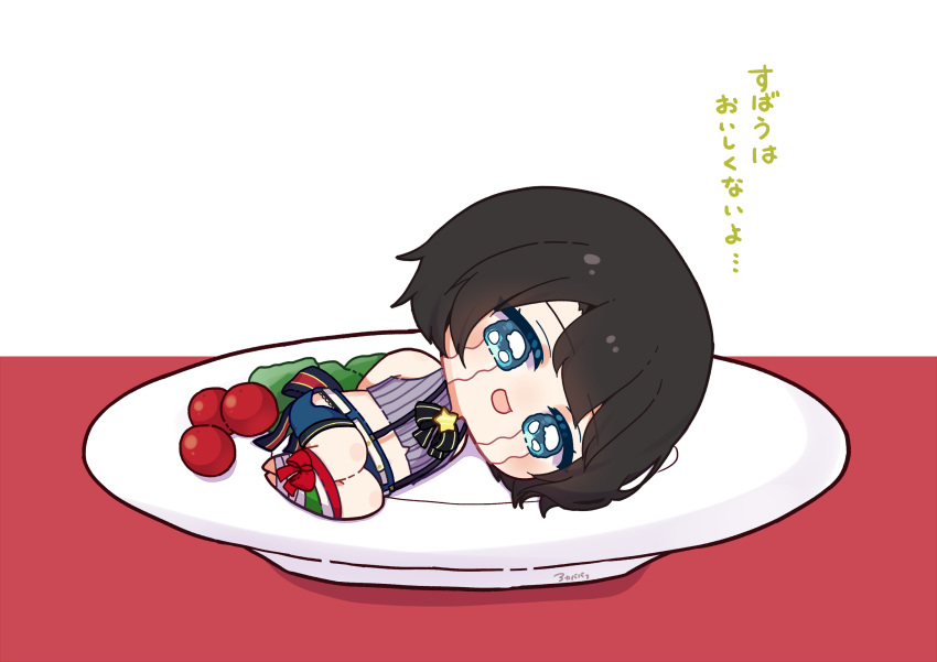 0725akaba 1girl arms_behind_back bare_shoulders black_hair blue_eyes blue_shorts bound cherry_tomato chibi crop_top crying grey_shirt highres hololive lying mini_person minigirl on_side oozora_subaru plate red_background shirt shorts sleeveless sleeveless_shirt solo streaming_tears tears tied_up_(nonsexual) tomato translation_request two-tone_background virtual_youtuber white_background