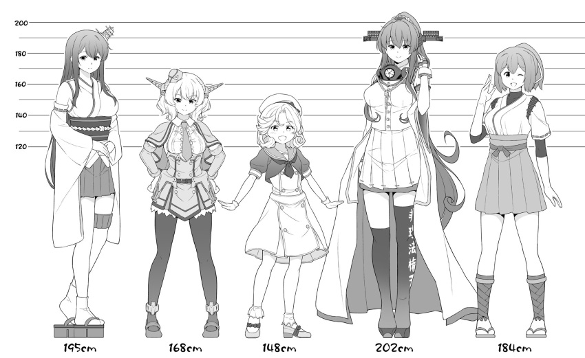 5girls boots braid capelet cherry_blossoms coat coat_on_shoulders collar colorado_(kancolle) detached_sleeves dress elbow_gloves fusou_(kancolle) garrison_cap gloves greyscale hair_intakes hakama hakama_skirt hat headgear height_chart highres ise_(kancolle) janus_(kancolle) japanese_clothes kantai_collection knee_boots long_coat long_hair mary_janes metal_collar monochrome multiple_girls necktie nontraditional_miko one_eye_closed parted_bangs pleated_dress ponytail sailor_dress sailor_hat sakuramon shoes short_hair side_braids sidelocks single_knee_boot single_thigh_boot skirt sleeveless sleeveless_coat tenshin_amaguri_(inobeeto) thigh_boots undershirt very_long_hair yamato_(kancolle) yamato_kai_ni_(kancolle)