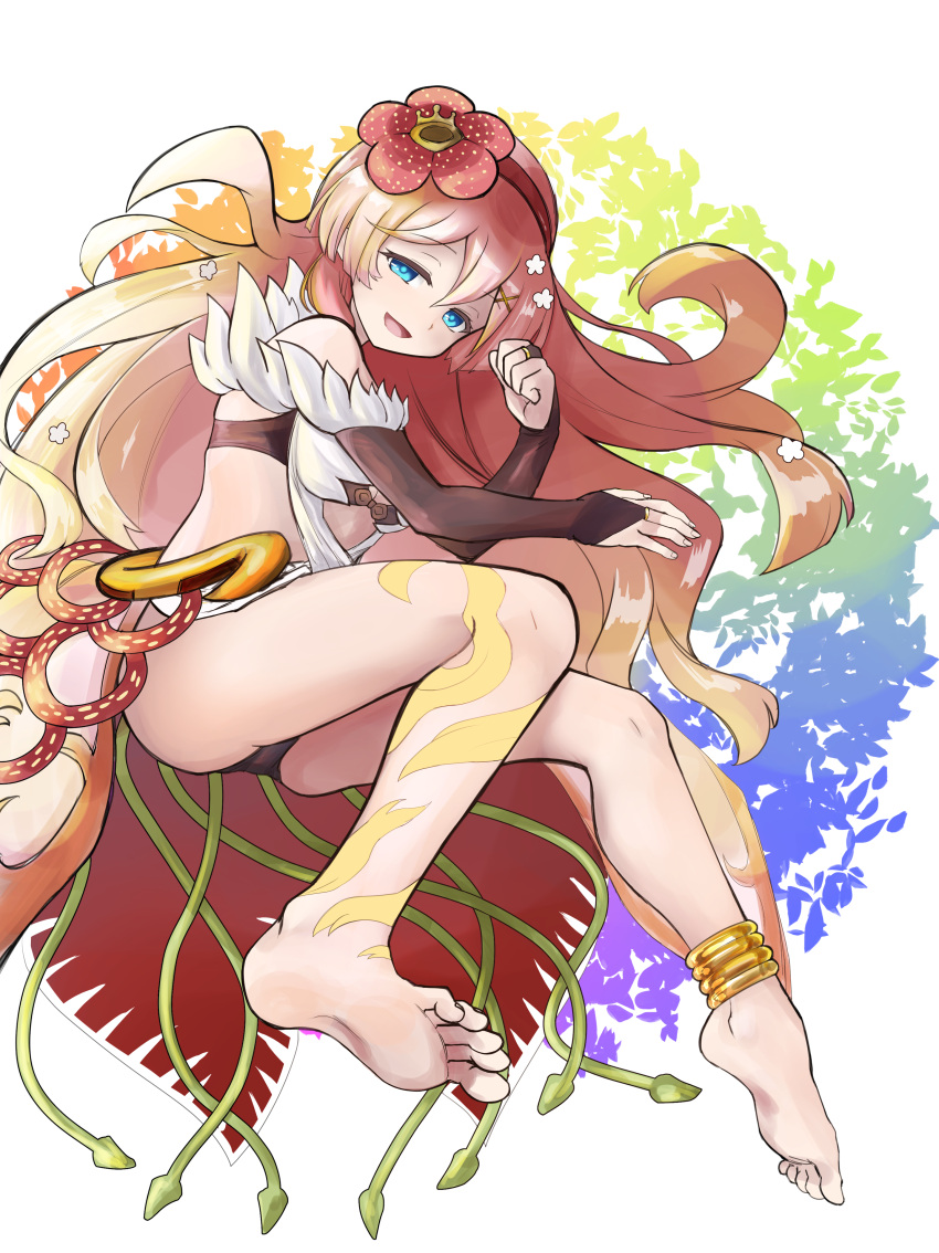 1girl absurdres bare_shoulders barefoot blue_eyes breasts bridal_gauntlets duel_monster flower hair_flower hair_ornament highres long_hair looking_at_viewer medium_breasts open_mouth pink_hair pointy_ears rafflesia_(flower) sitting smile solo toes tora_(oyabaka_tora) traptrix_rafflesia very_long_hair yu-gi-oh!