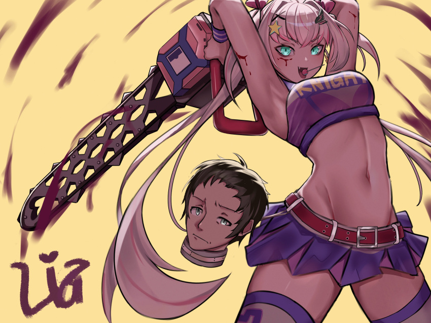 1boy 1girl absurdres aqua_eyes armpits arms_up belt blood blood_on_arm blood_on_face blood_on_weapon blood_splatter bow breasts brown_hair candy chainsaw character_name cheerleader clothes_writing cosplay crop_top fang food food_in_mouth grey_eyes grey_hair hair_bow hair_ornament highres holding holding_chainsaw juliet_starling juliet_starling_(cosplay) lollipop lollipop_chainsaw long_hair multicolored_hair navel phase_connect pink_bow pink_hair pleated_skirt purple_skirt purple_wristband red_belt rinkou_ashelia severed_head silva_arts skirt star_(symbol) star_hair_ornament stomach streaked_hair thighhighs tongue twintails two-tone_skirt two-tone_wristband weapon