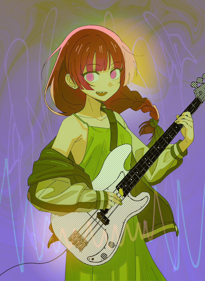 1girl bare_shoulders bass_guitar blue_background blunt_bangs bocchi_the_rock! bow braid commentary dress ggaeng green_dress hair_bow highres hiroi_kikuri holding holding_instrument instrument jacket long_hair long_sleeves looking_at_viewer multicolored_clothes multicolored_jacket music off_shoulder open_clothes open_jacket open_mouth pink_eyes playing_instrument purple_hair ringed_eyes sharp_teeth single_braid sleeveless sleeveless_dress smile solo spaghetti_strap standing teeth two-tone_jacket