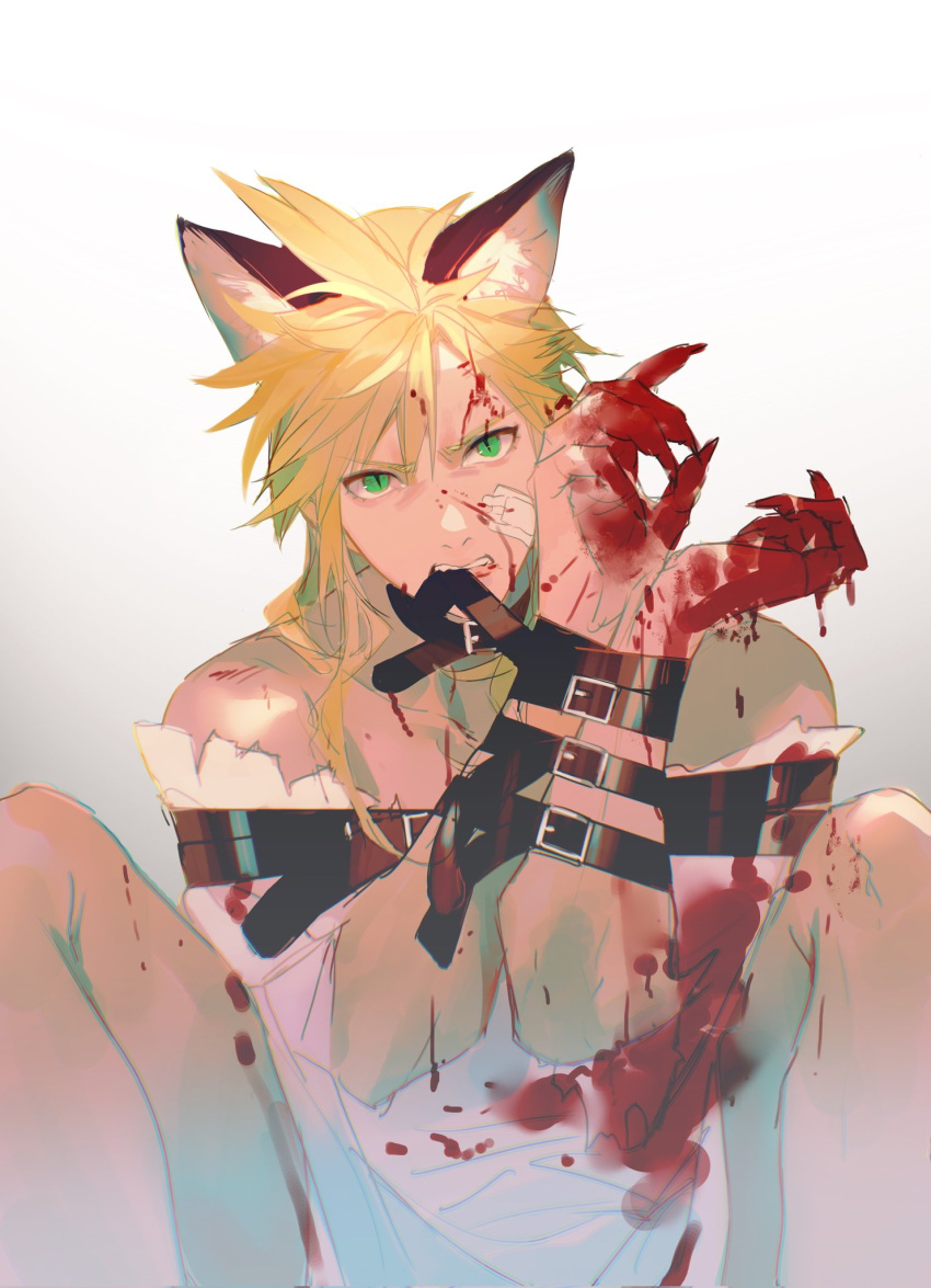 1boy angry animal_ears bandage_on_face bandages bare_shoulders bdsm belt_buckle biting black_collar blonde_hair blood blood_on_clothes blood_on_dress blood_on_face blood_on_hands bondage bound buckle cat_boy cat_ears claws cloud_strife collar crossdressing dress final_fantasy final_fantasy_vii gradient_background green_eyes highres knees_up male_focus medium_hair messy_hair purple_dress restrained simple_background sitting slit_pupils spiked_hair xianyu314