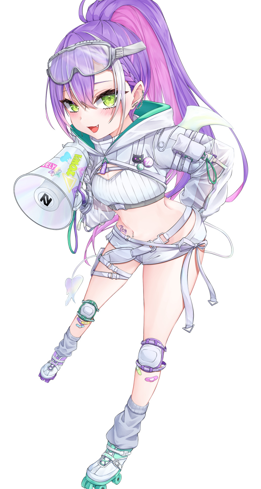 1girl absurdres bandaid bandaid_on_leg belt blush colored_inner_hair demon_girl demon_tail demon_wings ear_chain ear_piercing eyewear_on_head fangs foreshortening goggles gradient_hair green_eyes grey_socks hand_on_own_hip high_ponytail highres hip_tattoo holding holding_megaphone hololive hood hood_down hooded_shrug knee_pads long_hair long_sleeves looking_at_viewer loose_socks megaphone multicolored_hair multiple_belts navel_piercing official_alternate_costume official_alternate_hairstyle open_mouth piercing pink_hair pointy_ears puffy_long_sleeves puffy_sleeves purple_hair rike_111 roller_skates see-through see-through_sleeves short_shorts shorts shrug_(clothing) simple_background skates socks solo strapless streaked_hair tail tattoo thigh_pouch thigh_strap tokoyami_towa tokoyami_towa_(5th_costume) tube_top turtleneck very_long_hair virtual_youtuber white_background white_footwear white_hair white_shorts white_shrug white_tube_top white_wings winged_heart_tattoo wings