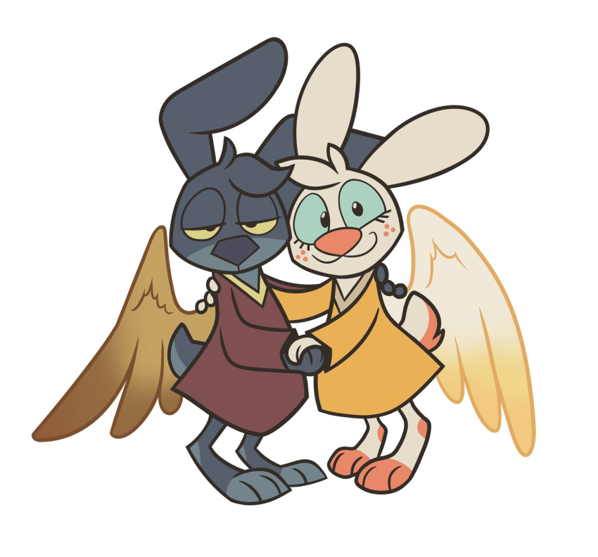 angel_gabby angel_hare angel_zaggy anthro clothed clothing duo feathered_wings feathers female hand_holding hi_res kyrakupetsky lagomorph leporid male mammal rabbit toony wings