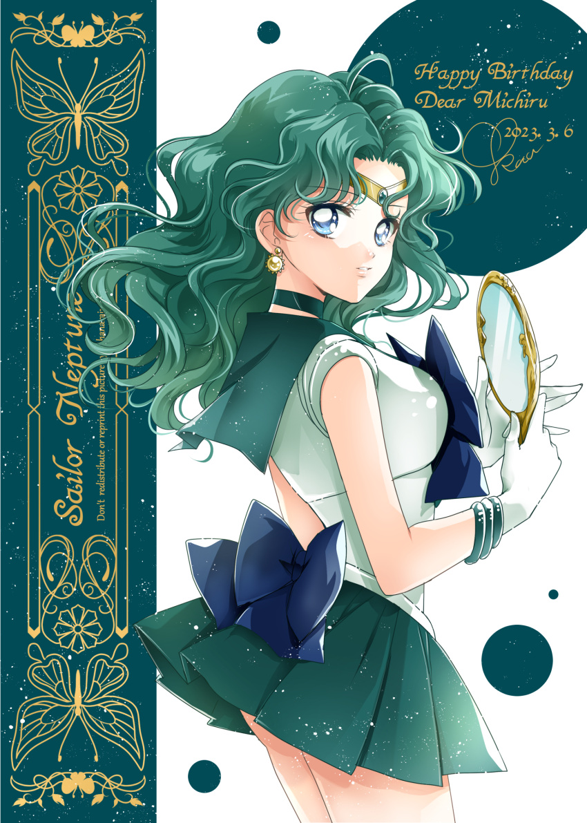 1girl ass back_bow bishoujo_senshi_sailor_moon blue_bow blue_eyes bow breasts character_name choker cowboy_shot dated earrings gloves gold_earrings green_choker green_hair green_sailor_collar green_skirt happy_birthday highres holding holding_mirror jewelry kaiou_michiru long_hair looking_at_viewer looking_back medium_breasts mirror parted_bangs parted_lips pleated_skirt sailor_collar sailor_neptune sailor_senshi_uniform sarashina_kau shirt signature skirt thighs tiara wavy_hair white_gloves white_shirt