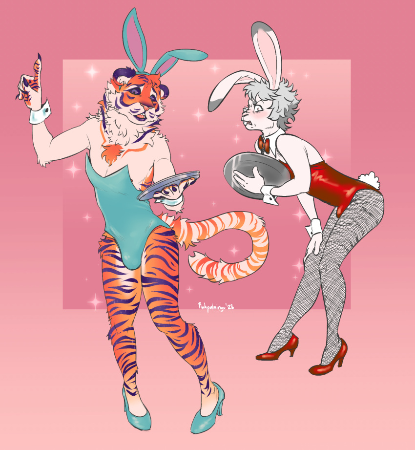 anthro clothing duo embarrassed felid fishnet_leggings footwear girly hi_res high_heels lagomorph leporid male male/male mammal pantherine pink pinkpalmingo playboy_outfit rabbit serving sparkles tiger