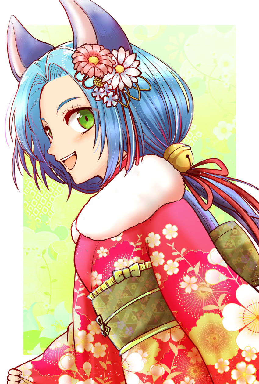 1girl animal_ears bell blue_hair cat_ears flower green_eyes hair_bell hair_flower hair_ornament hair_ribbon highres japanese_clothes kimono long_hair looking_at_viewer low_twintails meracle_chamlotte open_mouth ribbon smile solo star_ocean star_ocean_the_last_hope tail twintails