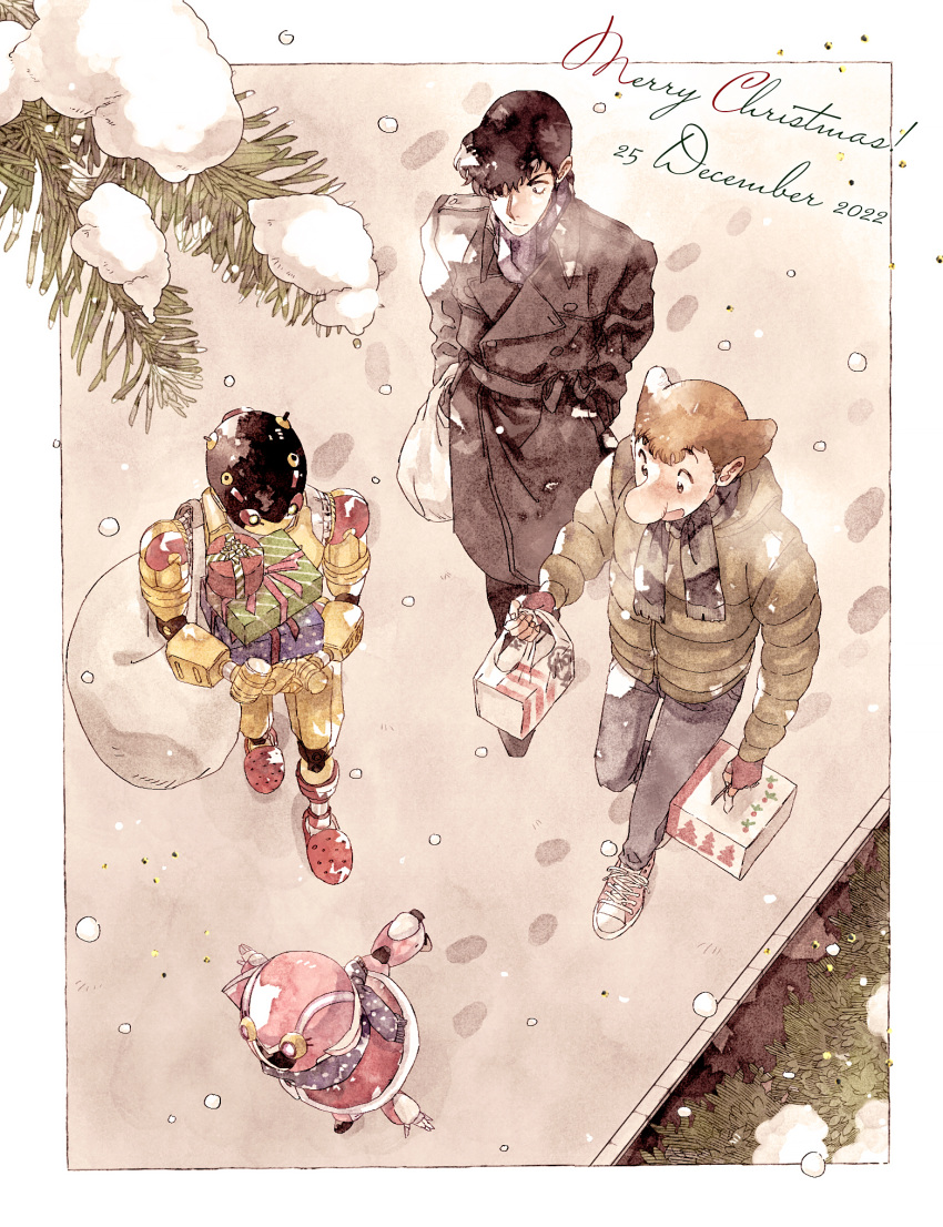 1other 2boys a106 atom:_the_beginning bag big_nose black_coat brown_hair coat dated from_above gift highres holding holding_bag humanoid_robot iyo_(kurumiwarin) merry_christmas multiple_boys ochanomizu_hiroshi open_mouth outdoors robot shoes short_hair sneakers snow snowing tenma_umatarou walking