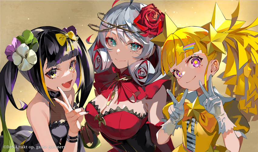 3girls anna_schneider aqua_eyes bare_shoulders black_dress black_hair blonde_hair blunt_bangs breasts colored_inner_hair cross-laced_corset crown_of_thorns destiny_(takt_op.) detached_collar detached_sleeves double_v dress eyeshadow fangs flat_chest flower frilled_gloves frills gloves green_flower green_hair grey_hair hair_flower hair_ornament highres lam_(ramdayo) large_breasts long_hair long_sleeves looking_at_viewer makeup medium_breasts medium_hair multicolored_hair multiple_girls official_art piano_print puffy_short_sleeves puffy_sleeves purple_eyes purple_flower purple_hair red_dress red_eyeshadow red_flower red_hair red_rose red_sleeves rose short_sleeves skin_fangs smile star-shaped_pupils star_(symbol) star_hair_ornament star_in_eye strapless strapless_dress streaked_hair symbol-shaped_pupils symbol_in_eye takt_op._destiny thorns twinkle_twinkle_little_star_(takt_op.) twintails upper_body v white_flower white_gloves yellow_dress yellow_eyes yellow_pupils