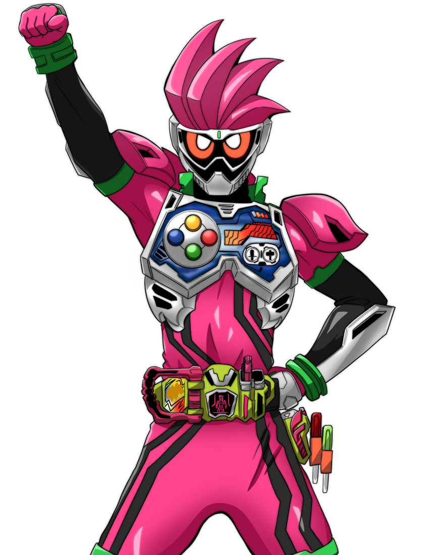 1boy absurdres arm_up clenched_hand commentary_request controller game_controller gamepad hand_on_own_hip highres holster kamen_rider kamen_rider_ex-aid kamen_rider_ex-aid_(series) looking_at_viewer raised_fist rider_belt simple_background takezuchi tokusatsu white_background