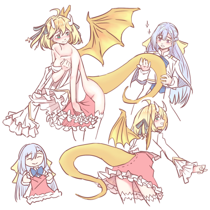 2girls 3: :&gt; ^_^ ahoge anisphia_wynn_palettia anjuro_zeeku ass_cutout blonde_hair blue_hair blush bow closed_eyes clothes_in_front clothing_cutout collarbone covering dragon_girl dragon_tail dragon_wings dress english_commentary euphyllia_magenta green_eyes hair_bow highres holding holding_another's_tail holding_clothes holding_dress horns jacket light_blue_hair long_hair military_uniform multiple_girls multiple_views nude nude_cover pink_dress pinstripe_bow profile short_hair simple_background sparkle tail tail_through_clothes tensei_oujo_to_tensai_reijou_no_mahou_kakumei thighhighs uniform white_background white_jacket white_thighhighs wings yuri