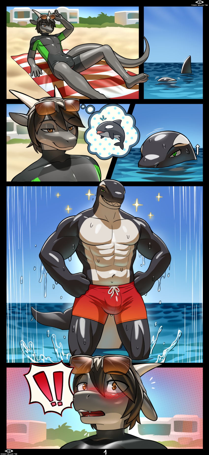 anthro beach beach_blanket black_body blush brown_eyes brown_hair cetacean clothing codyblue-731 dolphin dragon duo eyewear green_eyes grey_body hair hairless hi_res horn male male/male mammal marine muscular muscular_male oceanic_dolphin orca paws reptile scalie sea seaside sunglasses swimming_trunks swimwear toothed_whale water wet wet_body wetsuit wingless_dragon
