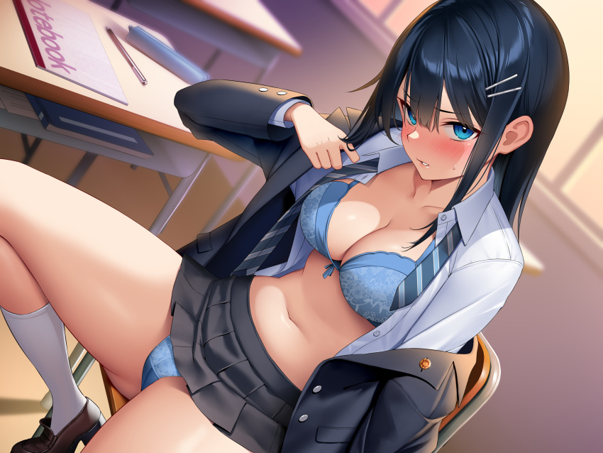 1girl arm_up black_hair blazer blue_bra blue_eyes blue_necktie blue_panties blunt_bangs blurry blurry_background blush bow bow_bra bra breasts buttons cameltoe classroom clothes_lift collared_shirt depth_of_field desk diagonal-striped_necktie dutch_angle floral_print grey_skirt hair_between_eyes hair_ornament hairclip highres indoors jacket kneehighs large_breasts loafers long_hair long_sleeves mechanical_pencil miniskirt navel necktie notebook off_shoulder open_clothes open_jacket open_shirt original panties parted_lips pencil pencil_case pleated_skirt re:shimashima school_desk school_uniform shirt shoes sidelocks sitting skirt skirt_lift socks solo sweat thong underwear undressing white_shirt white_socks window