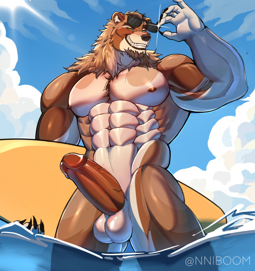 abs alexaboom anthro balls bear biceps biped black_nose brown_body brown_fur brown_hair claws cloud erection eyewear eyewear_on_head fangs fingers fur genitals hair hi_res holding_object looking_at_viewer male male/male mammal muscular muscular_anthro muscular_male muscular_thighs nipples partially_submerged pecs penis sky solo solo_focus standing standing_in_water sun sunglasses surfboard teeth triceps water white_body white_fur