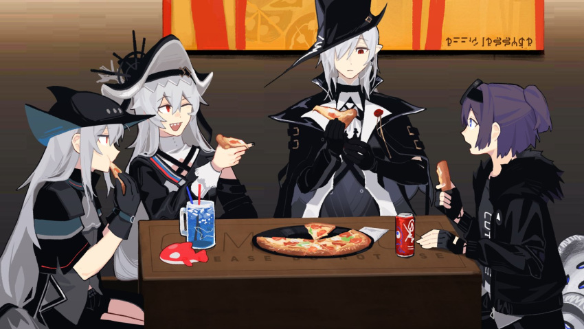 4girls ;d andreana_(arknights) arknights ascot black_gloves black_headwear black_jacket black_pants black_shirt can clothes_writing clothing_cutout cup drinking_straw eating fingerless_gloves food fur-trimmed_jacket fur_trim gladiia_(arknights) gloves goggles goggles_on_head grey_ascot grey_hair grey_shirt hair_over_one_eye hat highres holding holding_food jacket long_hair long_sleeves multiple_girls one_eye_closed one_side_up open_mouth pants pizza pizza_slice pointy_ears purple_hair red_eyes sharp_teeth shirt short_hair sitting skadi_(arknights) smile specter_(arknights) specter_the_unchained_(arknights) teeth tentacle_tail thigh_cutout vento very_long_hair