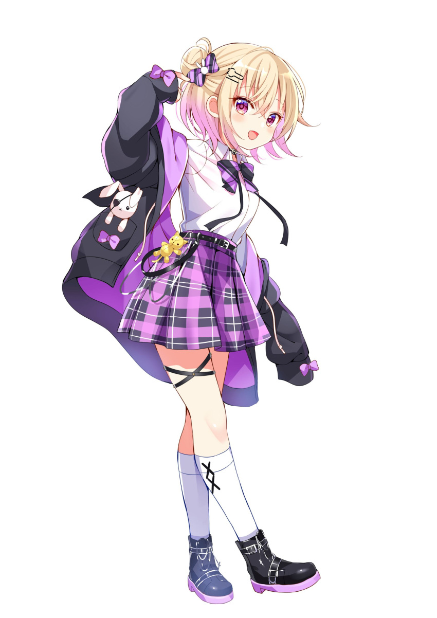 1girl absurdres blonde_hair bow gochuumon_wa_usagi_desu_ka? highres hokkana jacket leg_belt open_clothes open_jacket pink_eyes plaid plaid_bow plaid_skirt rabbit shirt shorts skirt white_background white_shorts