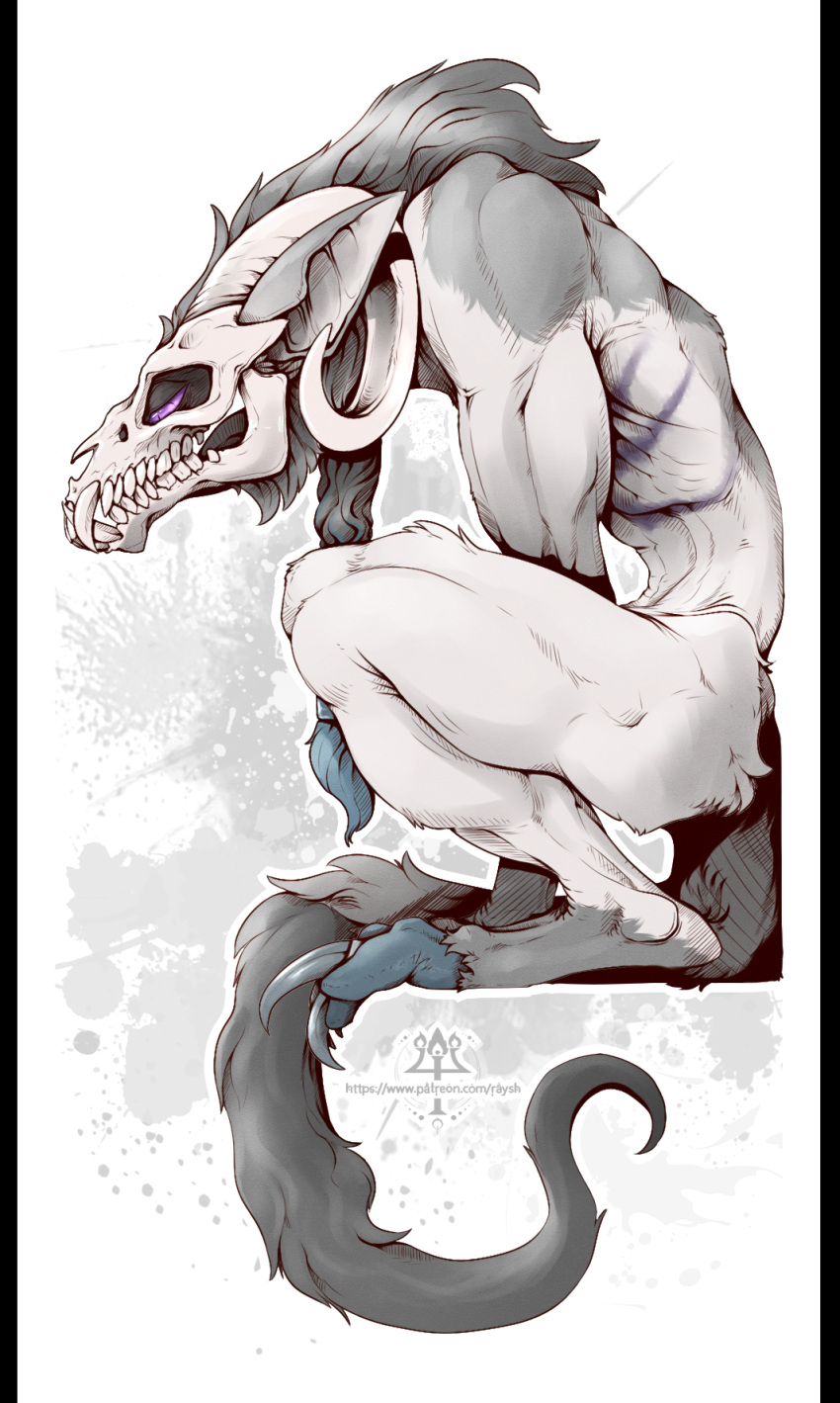 ambiguous_gender anthro barefoot bone claws demon feet fur hair hi_res horn kredri nude paws simple_background skull skull_head solo tail teeth_showing toe_claws toes