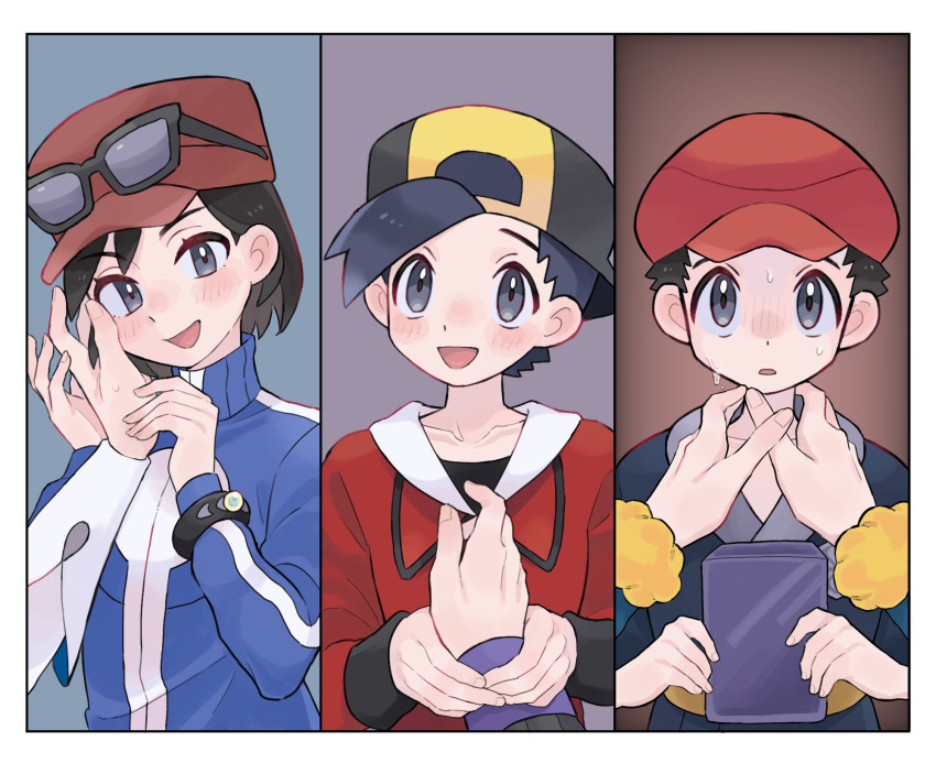 6+boys :d backwards_hat black_hair black_shirt blue_jacket blush bracelet calem_(pokemon) collarbone ethan_(pokemon) eyelashes grey_eyes hat highres holding holding_another's_wrist jacket jewelry long_sleeves morty_(pokemon) multiple_boys open_mouth parted_lips pokemon pokemon_(game) pokemon_hgss pokemon_legends:_arceus pokemon_xy red_headwear red_jacket rei_(pokemon) sana_(37pisana) shaded_face shirt short_hair siebold_(pokemon) smile sweat volo_(pokemon) yaoi