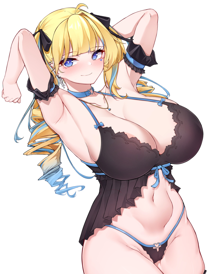 1girl 5danny1206 ahoge arm_garter armpits arms_up babydoll black_babydoll black_panties black_ribbon blonde_hair blue_choker blue_eyes blue_hair breasts bright_pupils choker collarbone cross cross_earrings drill_hair ear_piercing earrings facial_mark hair_ribbon heart heart_choker heart_facial_mark highres jewelry large_breasts multicolored_hair navel necklace original panties piercing ribbon solo streaked_hair twin_drills underwear white_pupils