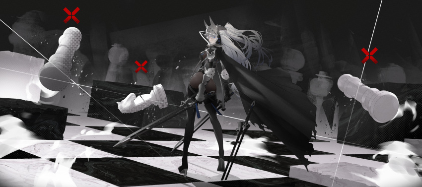 1girl absurdres armor ass black_bodysuit black_cape black_footwear black_gloves blue_eyes board_game bodysuit boots breasts cape chess chess_piece chessboard closed_mouth commentary dual_wielding english_commentary from_behind gloves high_heels highres holding holding_sword holding_weapon igawa_hikaru king_(chess) knight_(chess) long_hair looking_at_viewer motion_blur original pawn_(chess) ponytail solo sword thigh_boots thighhighs very_long_hair weapon white_hair