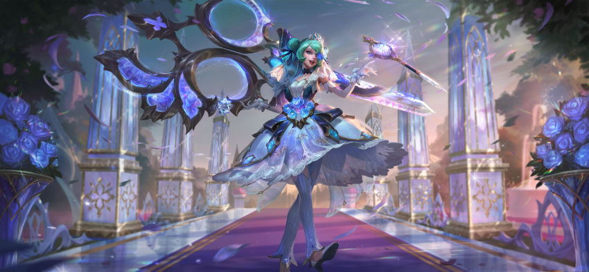 1girl :d absurdres bead_bracelet beads black_dress blue_flower blue_rose bracelet detached_sleeves diadem double_bun dress drill_hair floating floating_object flower flower_dress flower_over_eye gloves glowing green_hair gwen_(league_of_legends) hair_bun hand_up high_heels highres holding holding_scissors jewelry league_of_legends multicolored_clothes multicolored_dress needle official_alternate_costume official_alternate_hairstyle official_art outdoors oversized_object petals pillar prestige_crystal_rose_gwen purple_eyes rose scissors see-through see-through_dress sewing_needle shoes short_hair single_sleeve smile solo teeth tree upper_teeth_only walking white_dress white_gloves