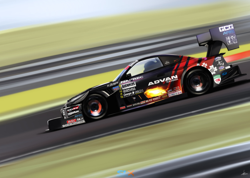 1boy absurdres advan car fire from_side highres motion_blur motor_vehicle nissan nissan_s15_silvia nissan_silvia race_vehicle racecar real_life shadow silenxe spoiler_(automobile) sponsor suzuki_tomohiko vehicle_focus world_time_attack_challenge