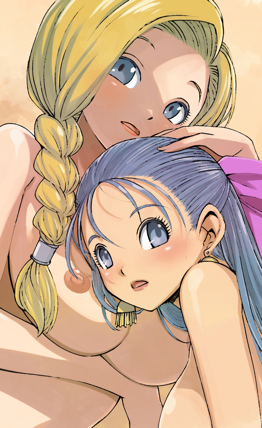2girls absurdres bianca_(dq5) blonde_hair blue_eyes blue_hair bow braid breast_hold breasts closed_mouth completely_nude d: dragon_quest dragon_quest_v earrings eyelashes fingernails flora_(dq5) frown hair_bow hair_intakes hair_slicked_back hand_on_another's_head highres jewelry large_breasts light_blue_hair long_hair multiple_girls muramasa_mikado nipples nude pink_bow single_braid
