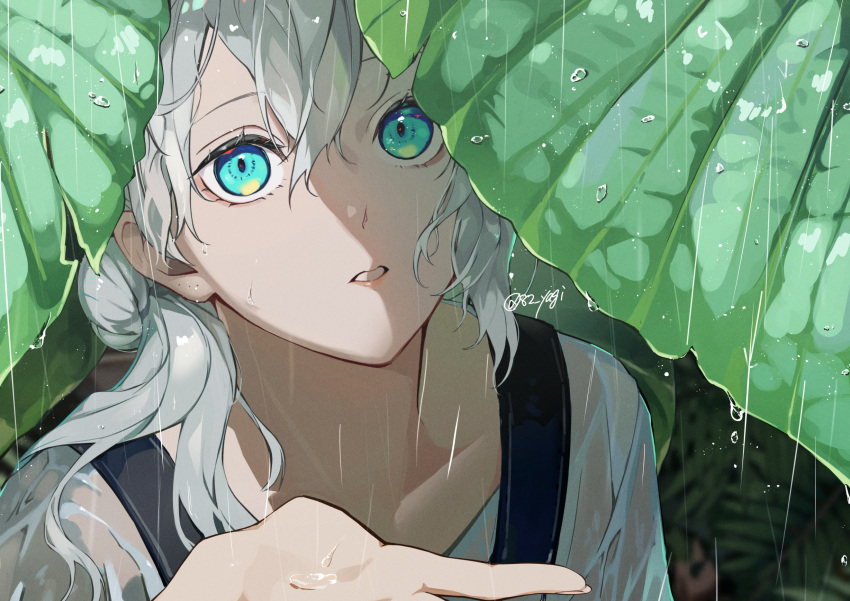 1girl backpack bag blue_eyes blush close-up collarbone day grey_hair hair_between_eyes hair_bun highres leaf long_hair looking_at_viewer open_hand original outdoors parted_lips plant rain see-through shirt sidelocks solo teeth upper_body water_drop wet wet_clothes wet_shirt yagi_(shiro_yagi)