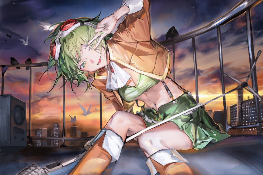 absurdres arm_up ascot between_legs bird blush boots breasts chinese_commentary city cleavage cloud cloudy_sky commentary_request cropped_jacket cropped_shirt crow fang feet_out_of_frame floating_hair goggles goggles_on_head green_eyes green_hair green_nails green_shirt green_skirt gumi gumi_(v3_megpoid) half-closed_eyes highres jacket knee_boots la_campanella_(gmfzge) leaning_forward leaning_to_the_side looking_at_viewer medium_breasts microphone_stand midriff navel open_clothes open_jacket open_mouth orange_footwear orange_jacket railing red_brooch rooftop shirt short_hair sitting skirt sky sleeves_past_elbows sleeves_rolled_up smile speaker star_(sky) starry_sky sunset underboob v_over_eye vocaloid white_ascot