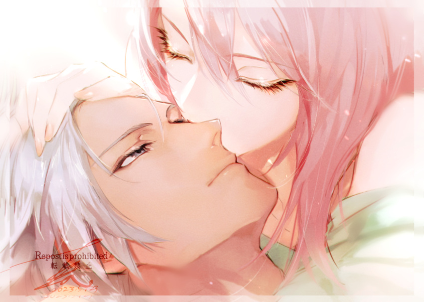 1boy 1girl alphen_(tales) close-up closed_eyes couple dark-skinned_male dark_skin hair_between_eyes hair_down hand_on_another's_head hetero kiss kissing_cheek long_hair lying nukegara102 official_alternate_hairstyle on_back parted_bangs pink_hair shionne_(tales) short_hair sidelocks smile spiked_hair tales_of_(series) tales_of_arise white_hair