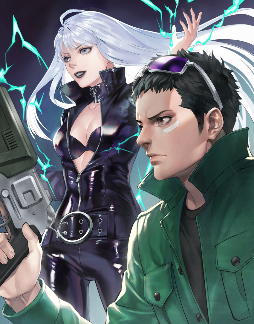 1boy 1girl absurdres bandaid bandaid_on_face belt black_bra black_hair black_lips blue_eyes blue_hair bodysuit bra breasts brown_eyes center_opening cleavage closed_mouth coat collar devil_summoner eyewear_on_head gun highres holding holding_gun holding_weapon light_blue_hair lipstick long_hair looking_to_the_side makeup nail_polish nemissa open_bodysuit open_clothes overcoat pale_skin protagonist_(soul_hackers) shin_megami_tensei short_hair soul_hackers underwear weapon yorita_(kick_knock) zipper