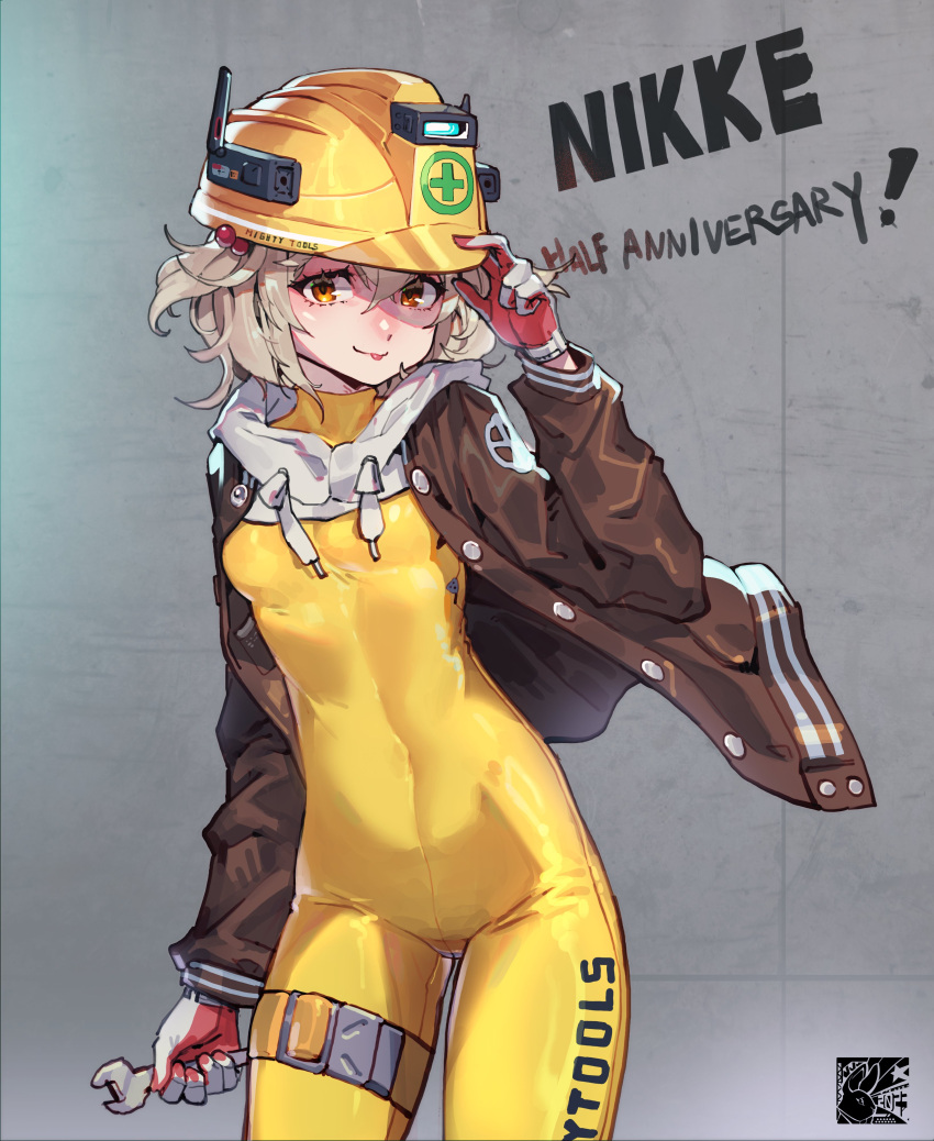 absurdres anniversary belt blonde_hair bodysuit breasts brown_jacket clothes_writing covered_navel cowboy_shot gloves goddess_of_victory:_nikke hand_on_headwear hardhat helmet highres holding holding_wrench impossible_clothes jacket liter_(nikke) looking_at_viewer mar10 open_clothes open_jacket red_gloves short_hair signature skin_tight small_breasts smile standing thigh_belt thigh_strap tongue tongue_out two-tone_gloves wall white_gloves white_hood wrench yellow_bodysuit yellow_eyes