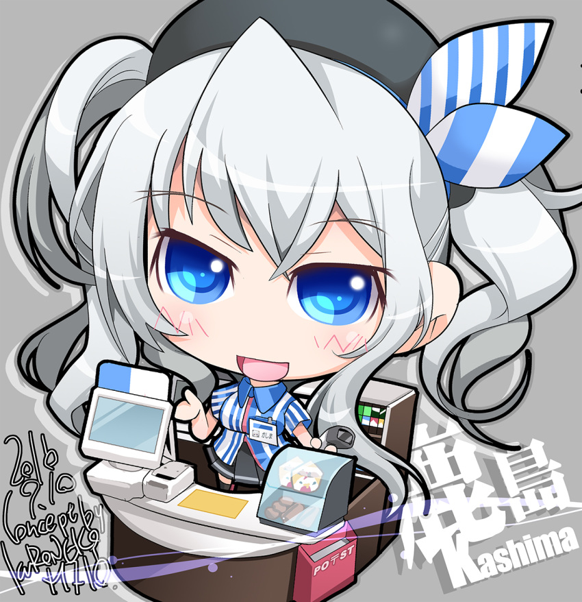 1girl barcode_scanner beret black_headwear black_skirt blue_eyes character_name chibi convenience_store employee_uniform grey_hair hat highres kantai_collection kashima_(kancolle) kuroneko_(kuroneko_works) lawson long_hair miniskirt pleated_skirt shirt shop short_sleeves skirt solo store_clerk striped striped_shirt twintails uniform vertical-striped_shirt vertical_stripes wavy_hair