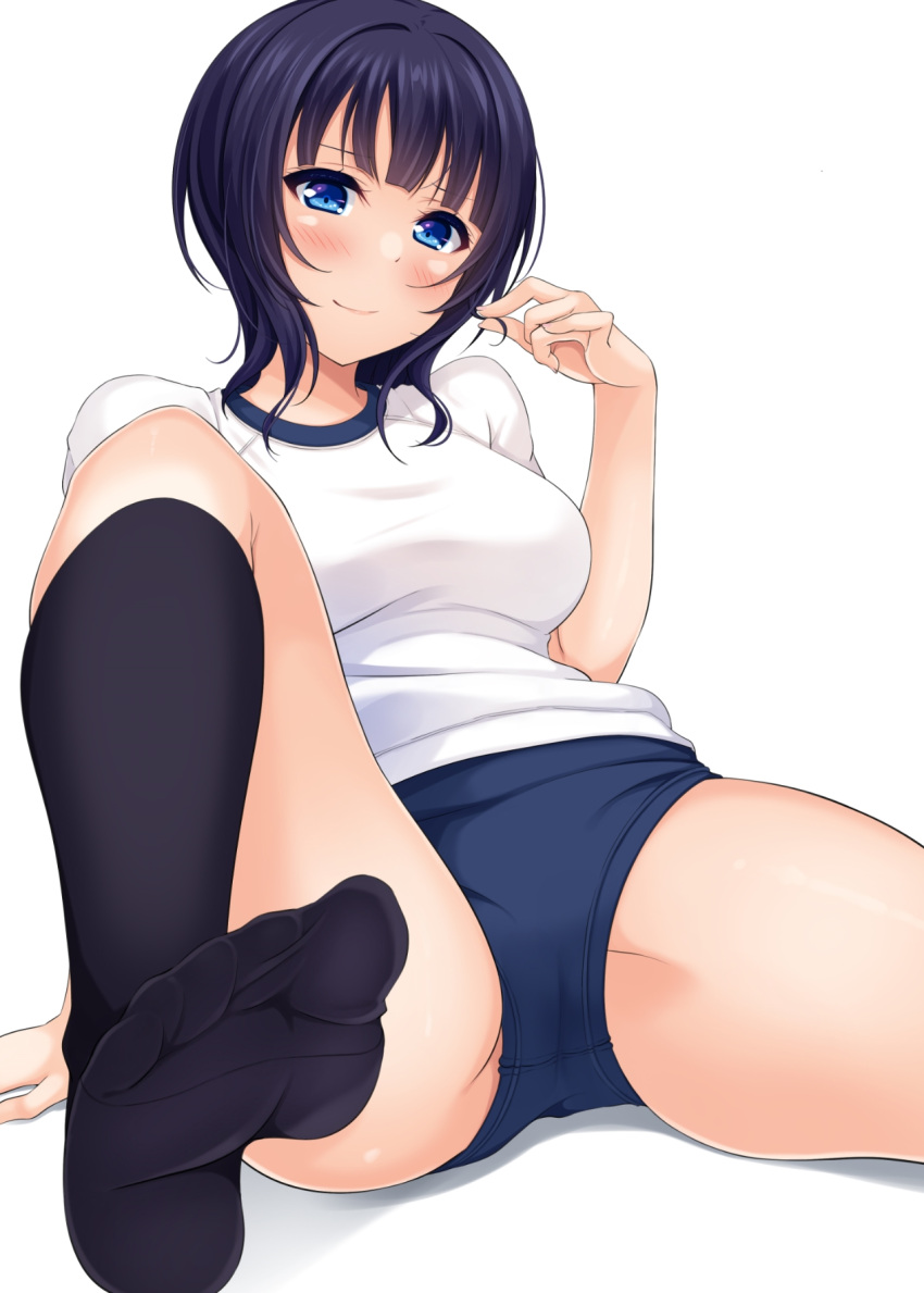 1girl asaka_karin black_hair black_socks blue_buruma blue_eyes blunt_bangs blush breasts buruma closed_mouth commentary feet foot_out_of_frame foot_up foreshortening gym_shirt gym_uniform highres hino_minato_(spec.c) knee_up kneehighs looking_at_viewer love_live! love_live!_nijigasaki_high_school_idol_club medium_breasts medium_hair no_shoes ruffling_hair shirt simple_background sitting smile socks soles solo toes white_background white_shirt