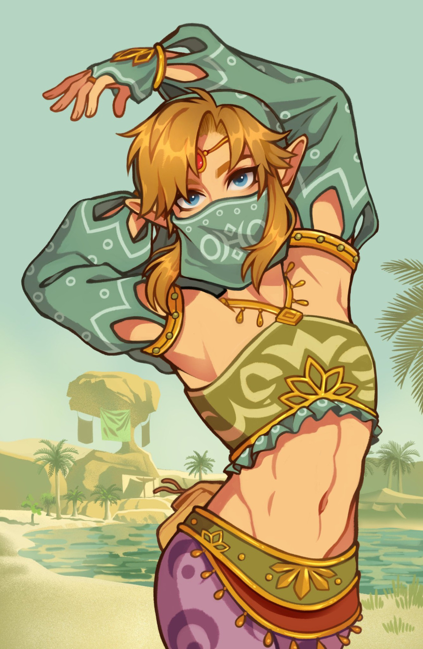 blonde_hair blue_eyes clothed clothing crossdressing day detailed_background elf gerudo_outfit girly grass hair hi_res humanoid humanoid_pointy_ears hylian jewelry kaitexel light_body light_skin link long_hair looking_at_viewer male navel necklace nintendo not_furry palm_tree plant solo the_legend_of_zelda tree veil water