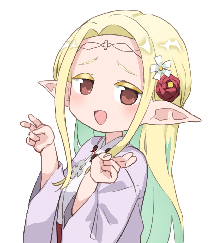 1girl absurdres alternate_hair_color blonde_hair brown_eyes double_v edomae_elf eldali_ilma_fanomenel elf flower gazacy_(dai) hair_flower hair_ornament highres japanese_clothes light_green_hair long_hair long_pointy_ears looking_at_viewer miko nervous_smile open_mouth pointy_ears simple_background smile v wide_sleeves