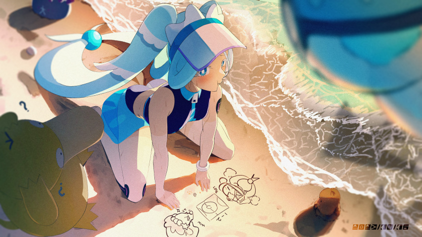 1girl ? absurdres alolan_diglett ball beach beachball blue_eyes blue_hair colored_eyelashes dive_ball hatsune_miku highres kneeling long_hair ocean poke_ball pokemon pokemon_(creature) pout primarina project_voltage psyduck pyukumuku sanasedayo swimsuit tan tanlines twintails very_long_hair visor_cap vocaloid water water_miku_(project_voltage) zipper_pull_tab