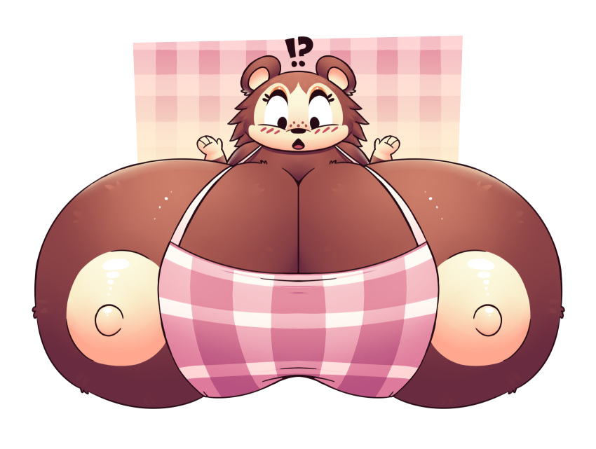 animal_crossing anthro apron areola big_breasts black_eyes blush breasts brown_body bust_portrait clothing eulipotyphlan exclamation_point female gloves_(marking) hedgehog hi_res huge_breasts huztar hyper hyper_breasts mammal markings nintendo nipples open_mouth portrait question_mark sable_able solo white_areola white_nipples