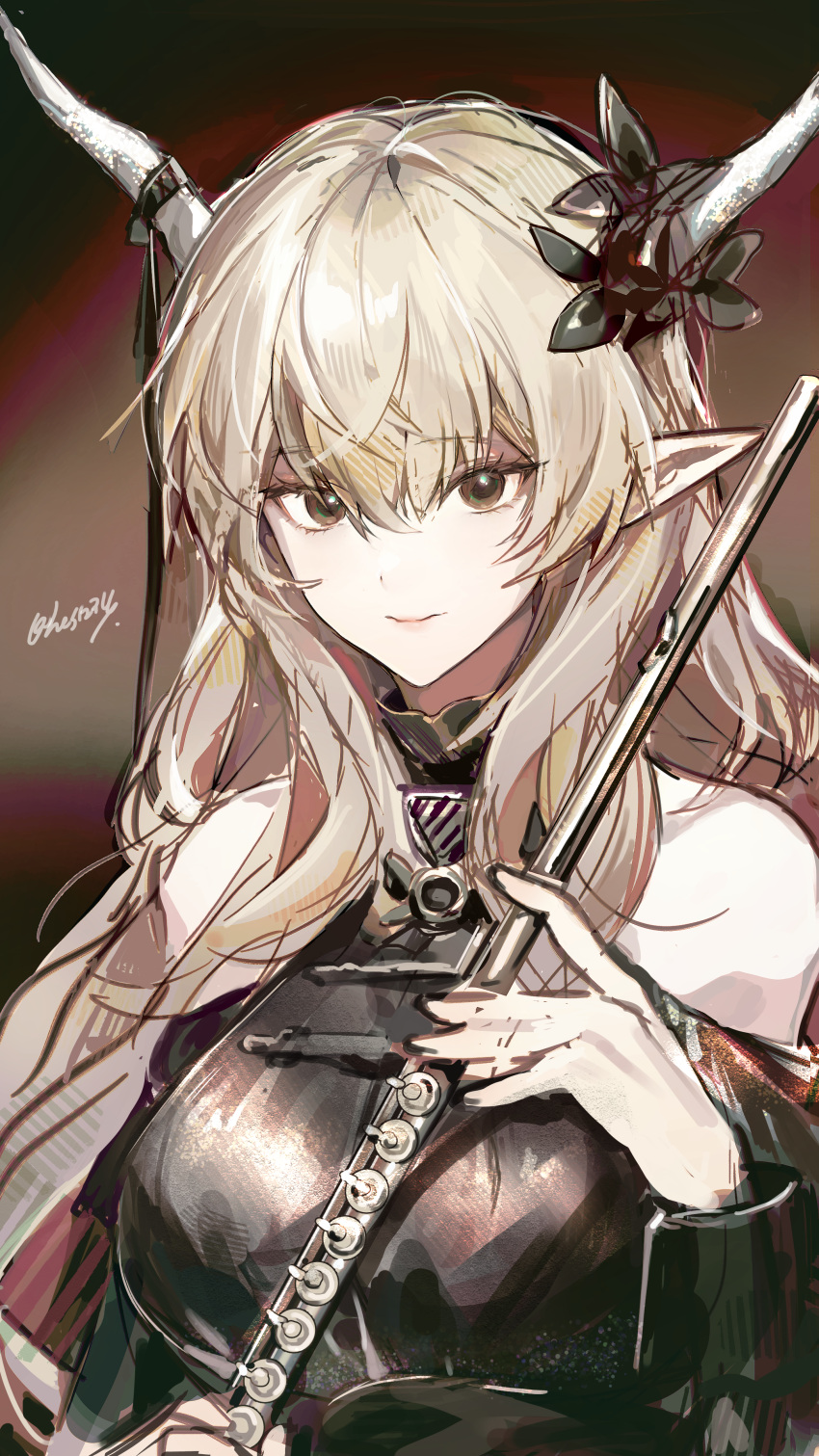1girl absurdres arknights bare_shoulders black_dress blonde_hair brown_eyes commentary_request dress flute highres holding holding_instrument horns instrument long_hair looking_at_viewer official_alternate_costume pointy_ears shining_(arknights) shining_(silent_night)_(arknights) smile solo twice12314 upper_body very_long_hair